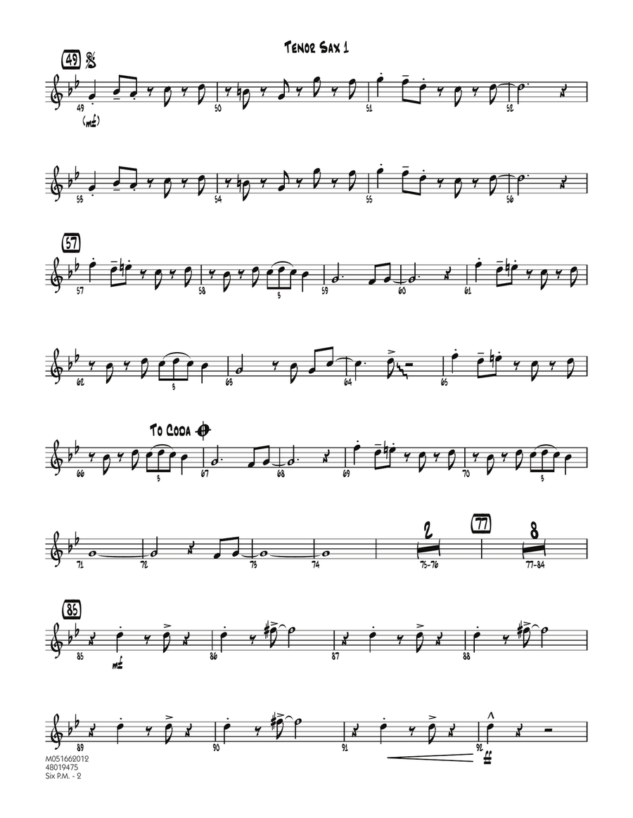 Six P.M. - Tenor Sax 1 Six P.M. - Tenor Sax 1 Jazz Ensemble scores gallery preview page 2