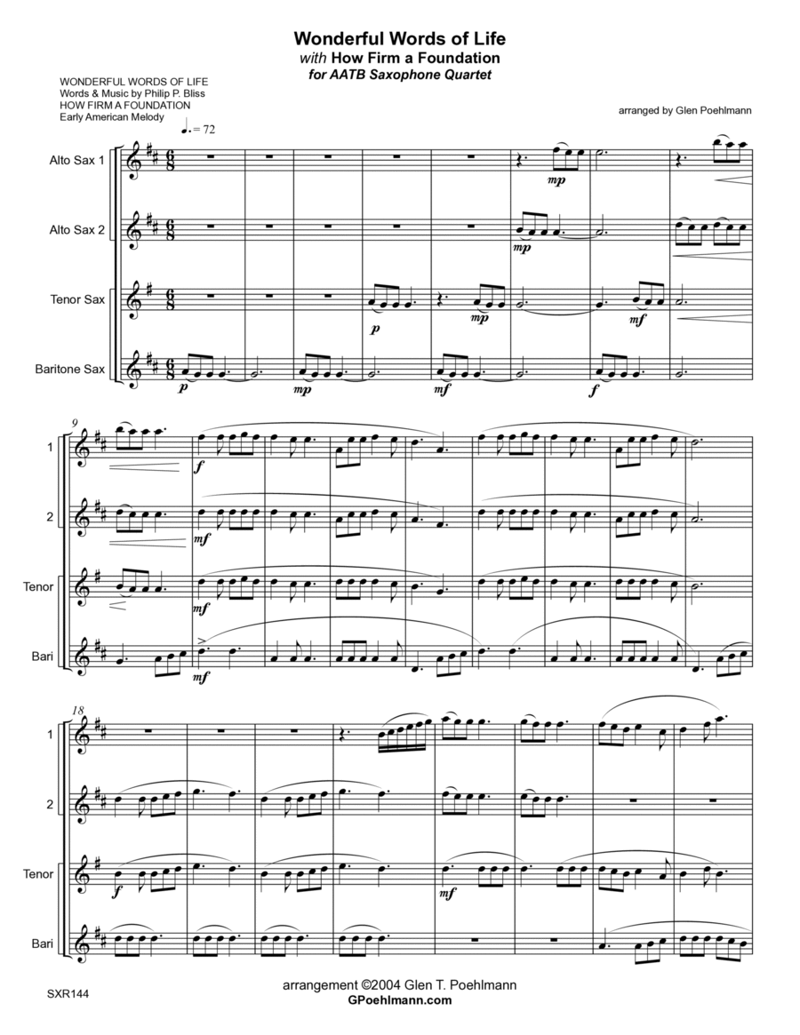 WONDERFUL WORDS OF LIFE with HOW FIRM A FOUNDATION - Saxophone Quartet (AATB or SATB) Saxophone Quartet scores gallery preview page 1