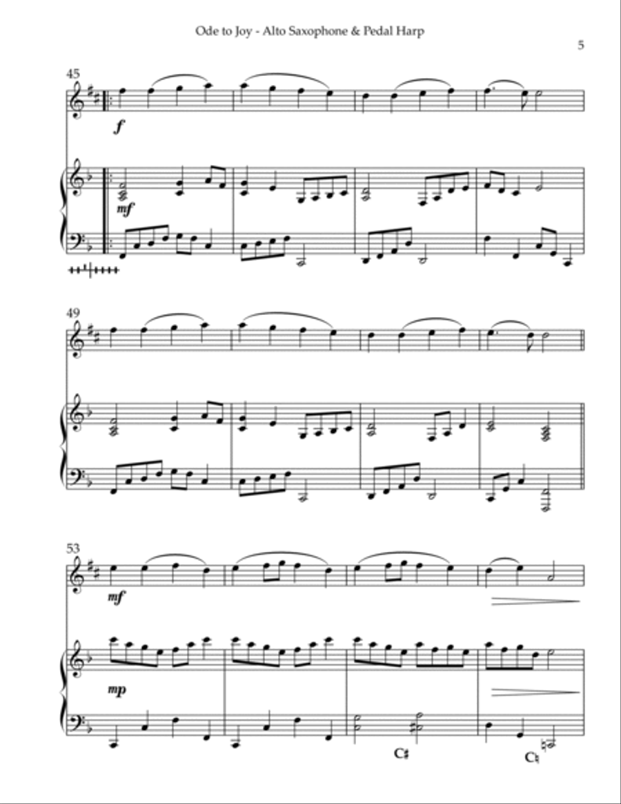 Ode to Joy, Duet for Eb Alto Saxophone & Pedal Harp Alto Saxophone scores gallery preview page 5