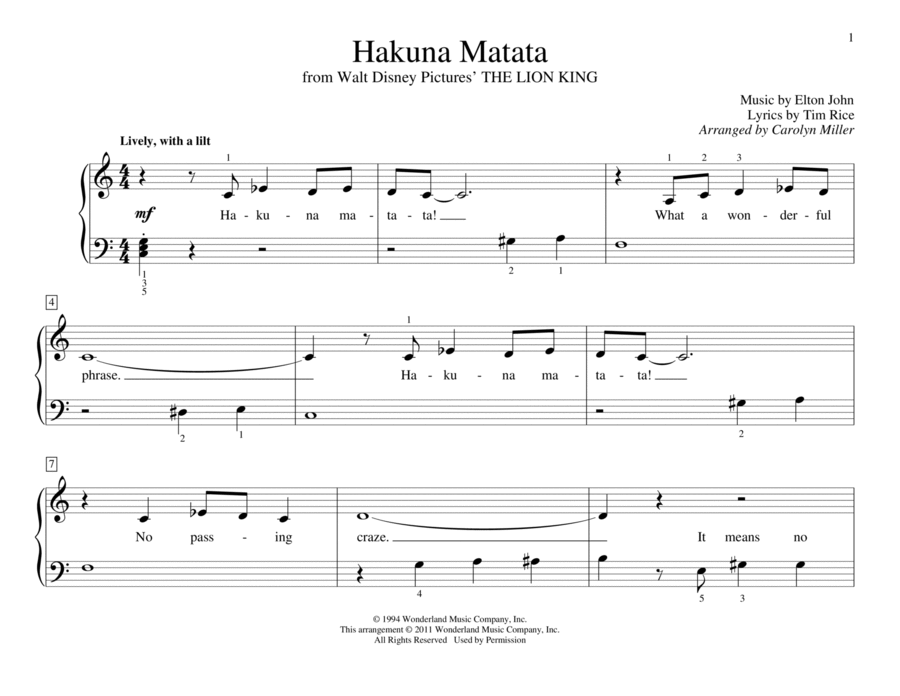 Hakuna Matata (from The Lion King) (arr. Carolyn Miller) Piano Method scores gallery preview page 1