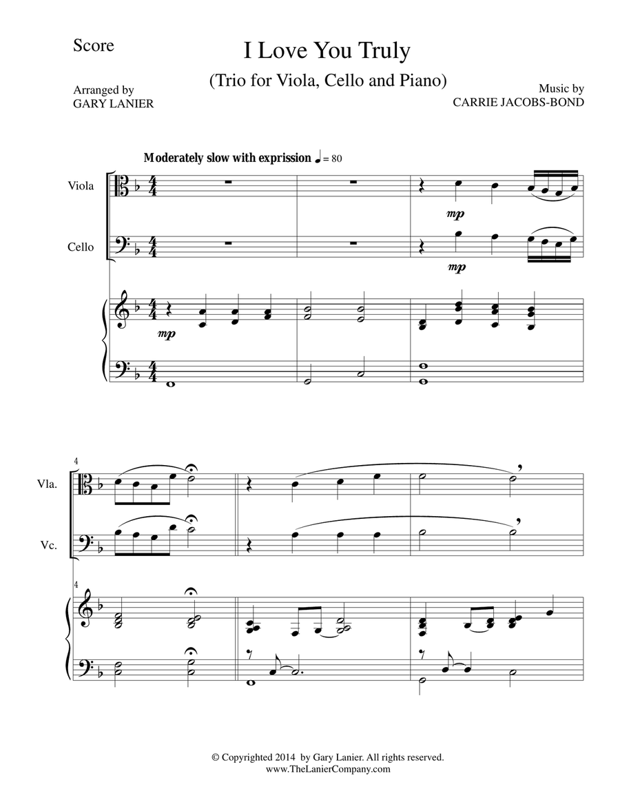 I LOVE YOU TRULY (Trio – Viola, Cello, and Piano with Score and Parts)