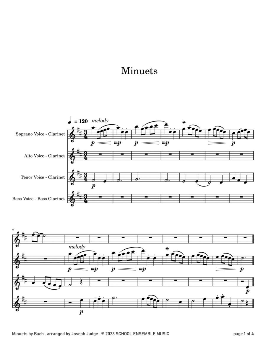 Minuets by Bach for Clarinet Quartet in Schools Clarinet Quartet scores gallery preview page 1