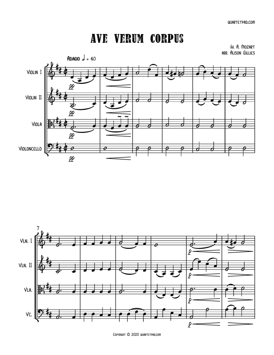 Ave Verum Corpus by Mozart - String Quartet String Quartet scores gallery preview page 1