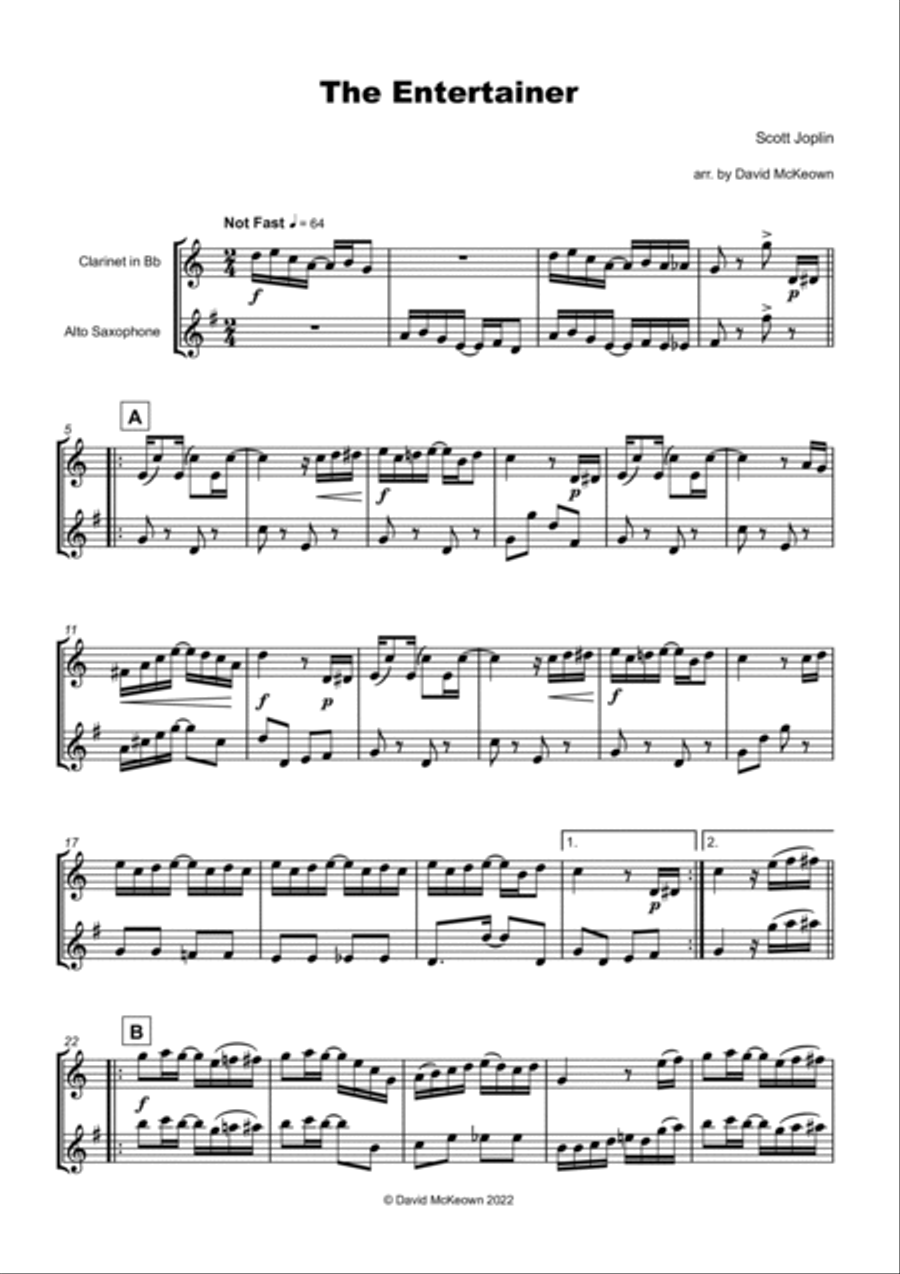 The Entertainer by Scott Joplin, Clarinet and Alto Saxophone Duet Woodwind Duet scores gallery preview page 2
