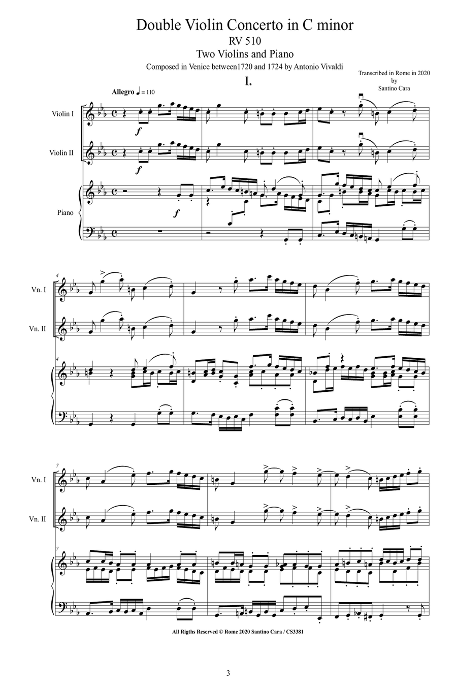 Vivaldi - Double Violin Concerto in C minor RV 510 for Two Violins and Piano String Duet scores gallery preview page 3