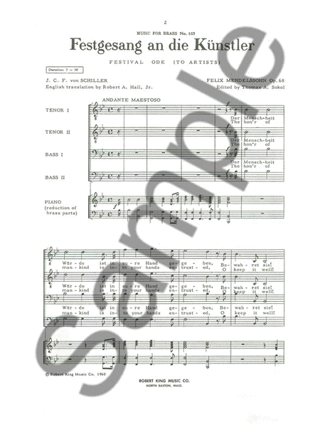 Mendelssohn Arnold Sokol Festgesang An Die Kunstler Choral Score