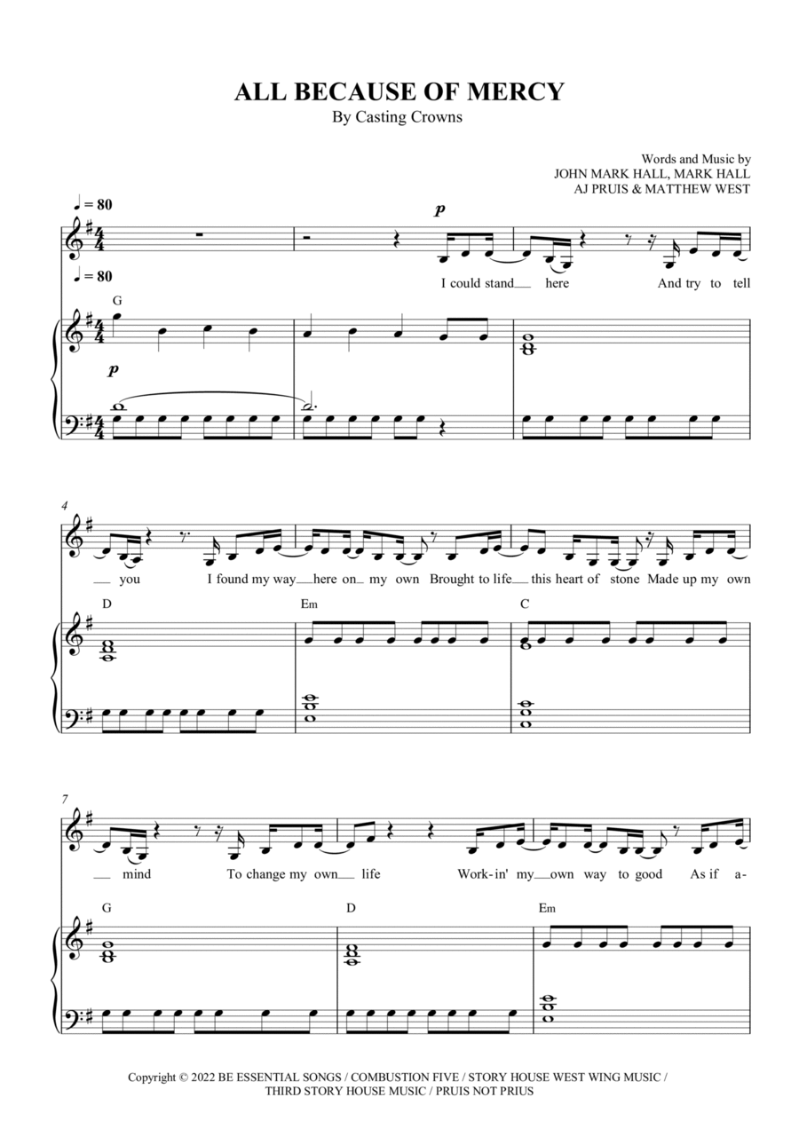 All Because Of Mercy Piano, Vocal, Guitar scores gallery preview page 1