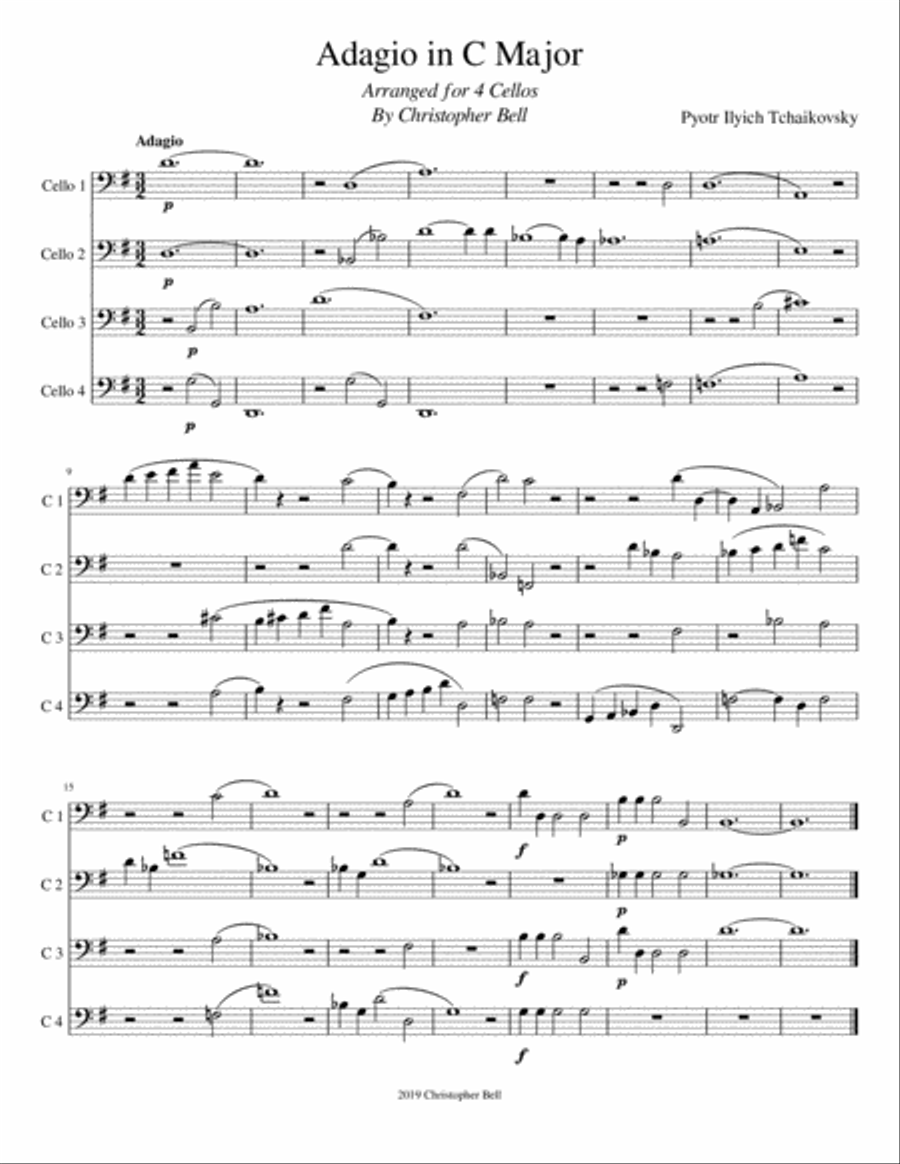 Tchaikovsky - Adagio in C Major - Cello Quartet String Quartet scores gallery preview page 1