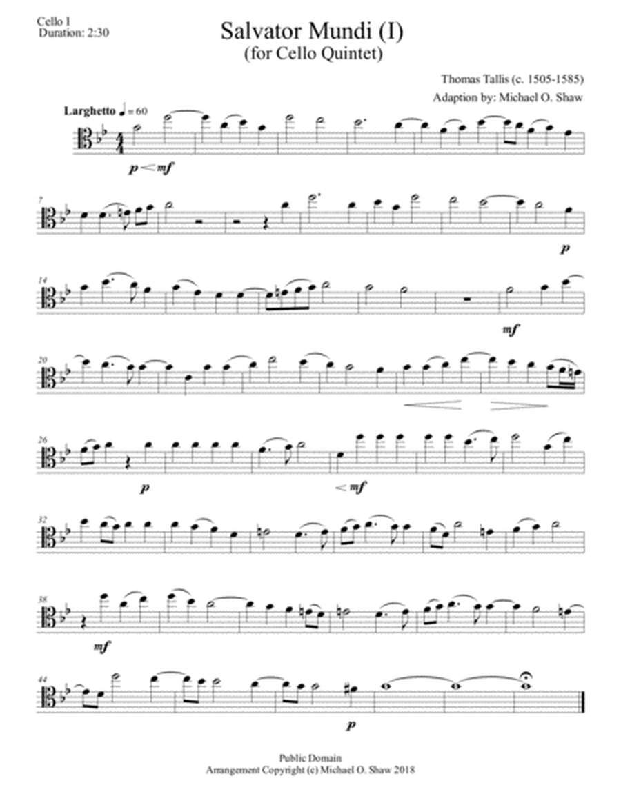 Salvator Mundi by Thomas Tallis for Cello Quintet image number null