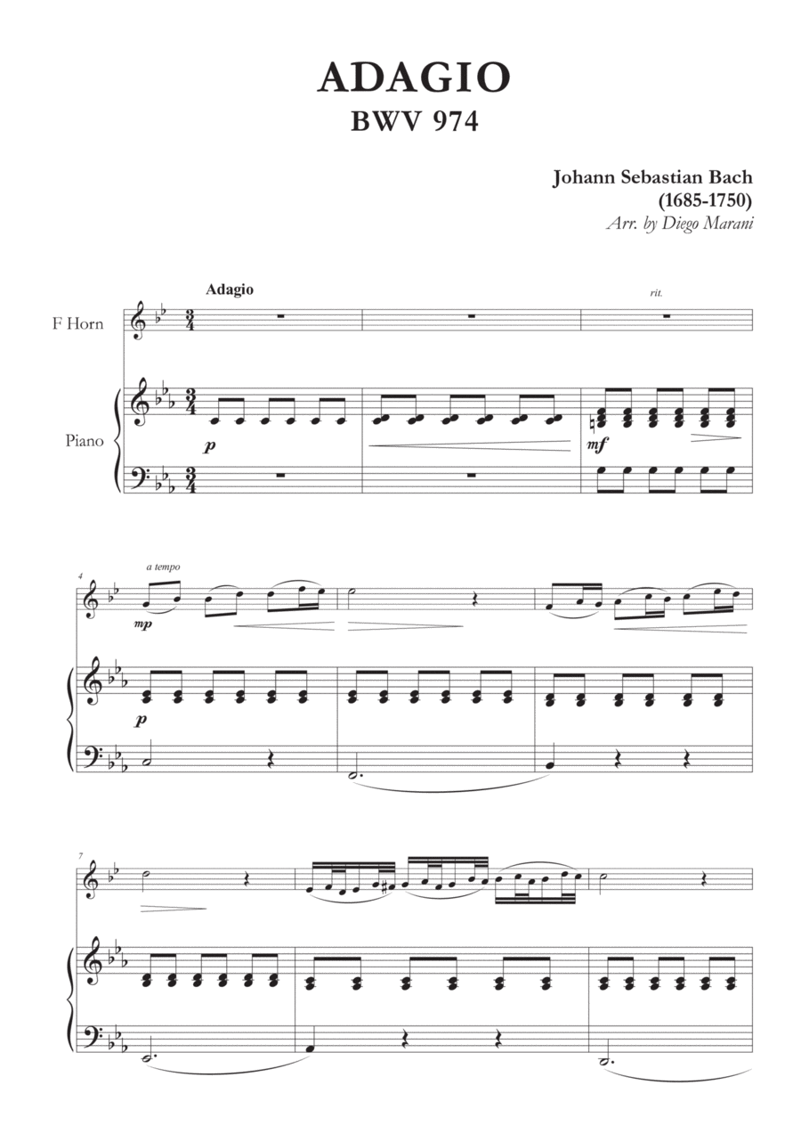 Adagio from BWV 974 for Horn and Piano Horn scores gallery preview page 1