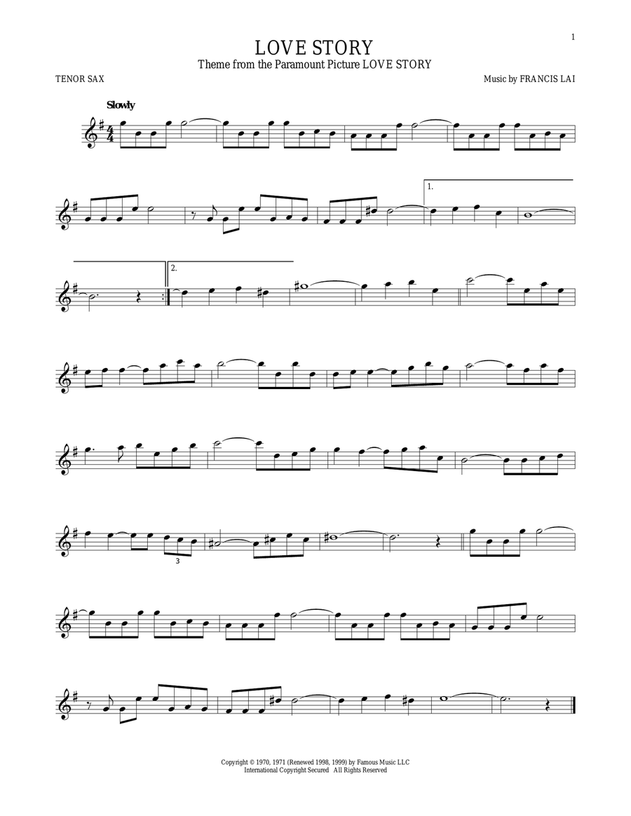 Love Story Tenor Saxophone scores gallery preview page 1