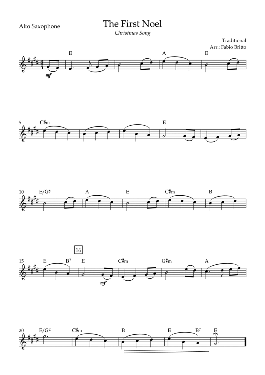The First Noel (Christmas Song) for Alto Saxophone Solo with Chords
