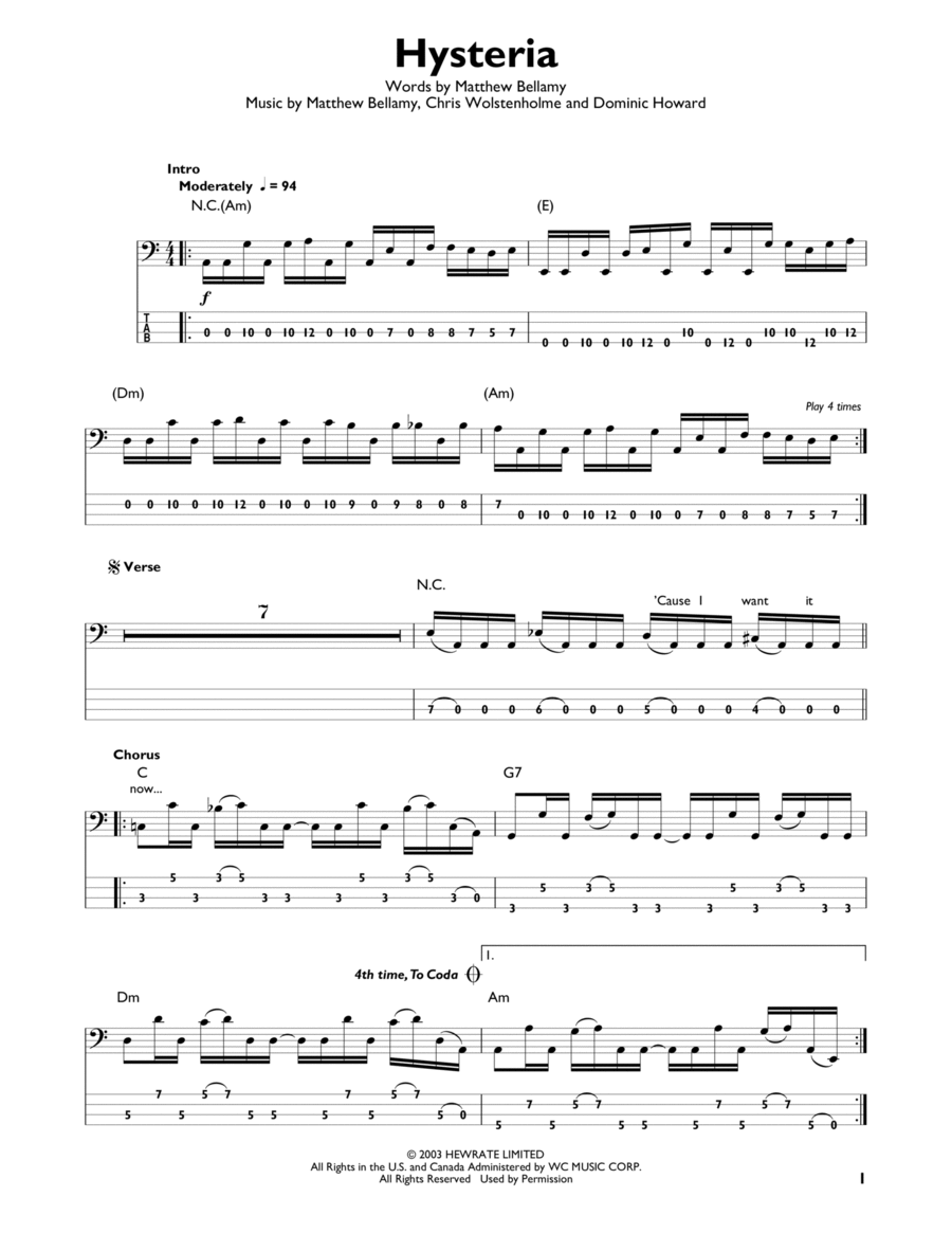 Hysteria Bass Guitar scores gallery preview page 1