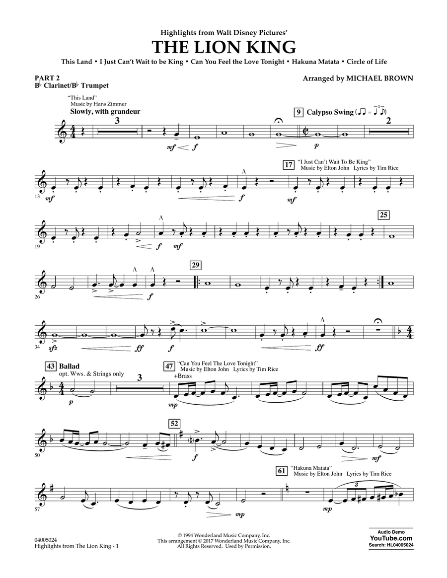 Highlights from The Lion King - Pt.2 - Bb Clarinet/Bb Trumpet