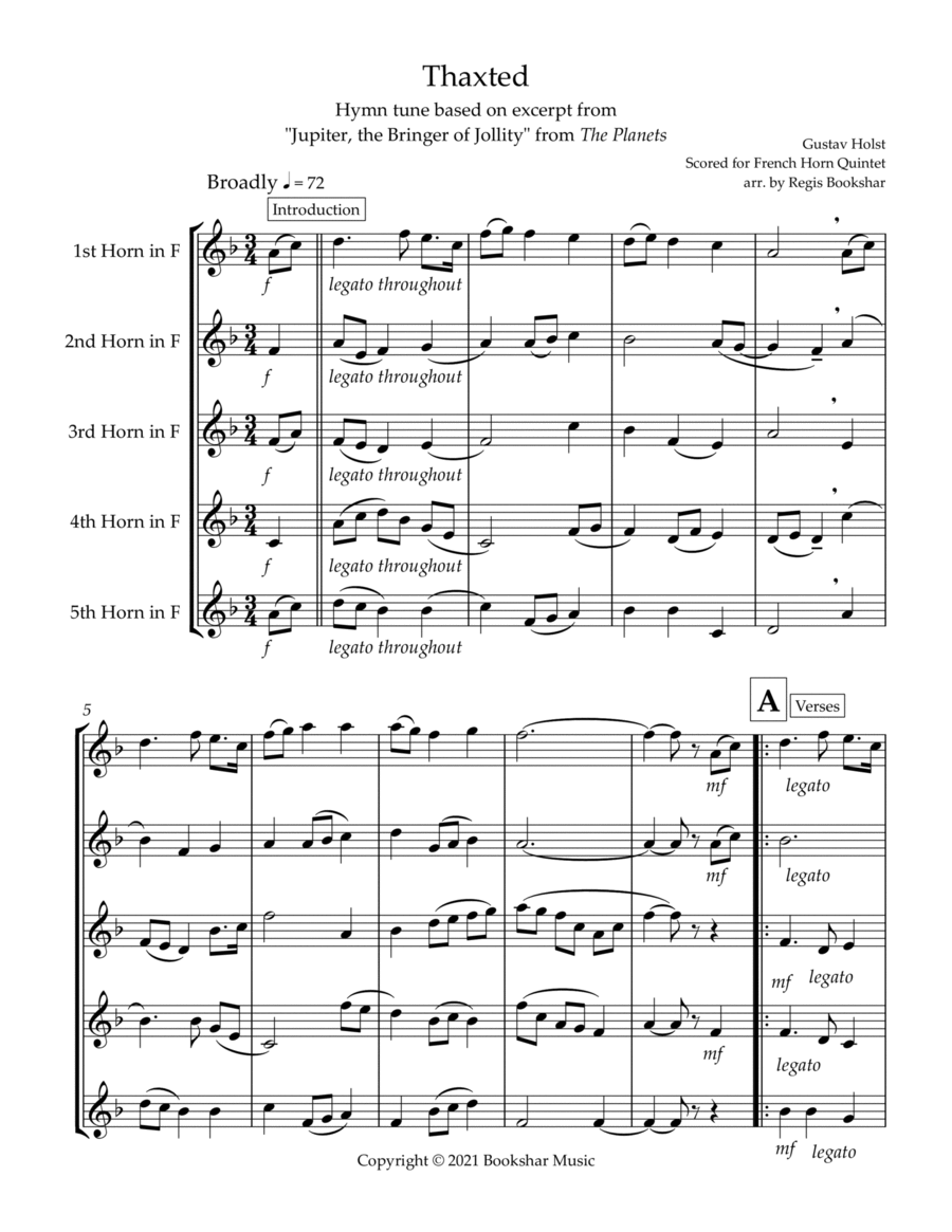Thaxted (hymn tune based on excerpt from "Jupiter" from The Planets) (Bb) (French Horn Quintet) image number null