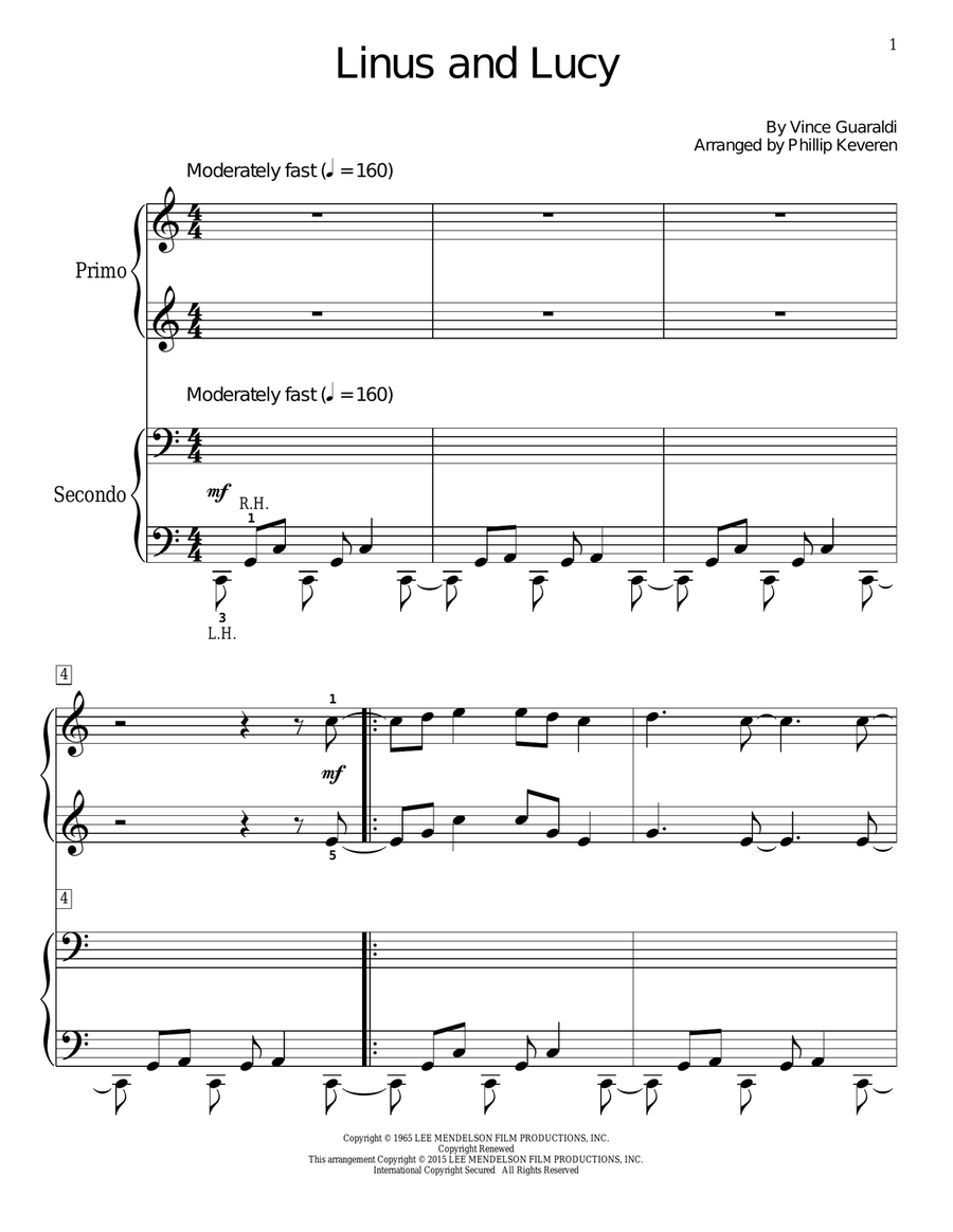 Linus And Lucy (arr. Phillip Keveren) 1 Piano, 4-Hands scores gallery preview page 1