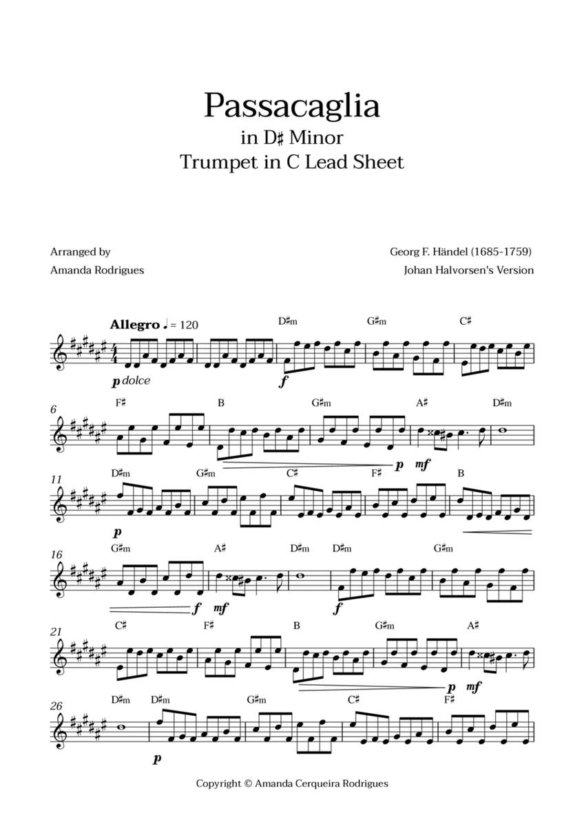Passacaglia - Easy Trumpet in C Lead Sheet in D#m Minor (Johan Halvorsen's Version) image number null