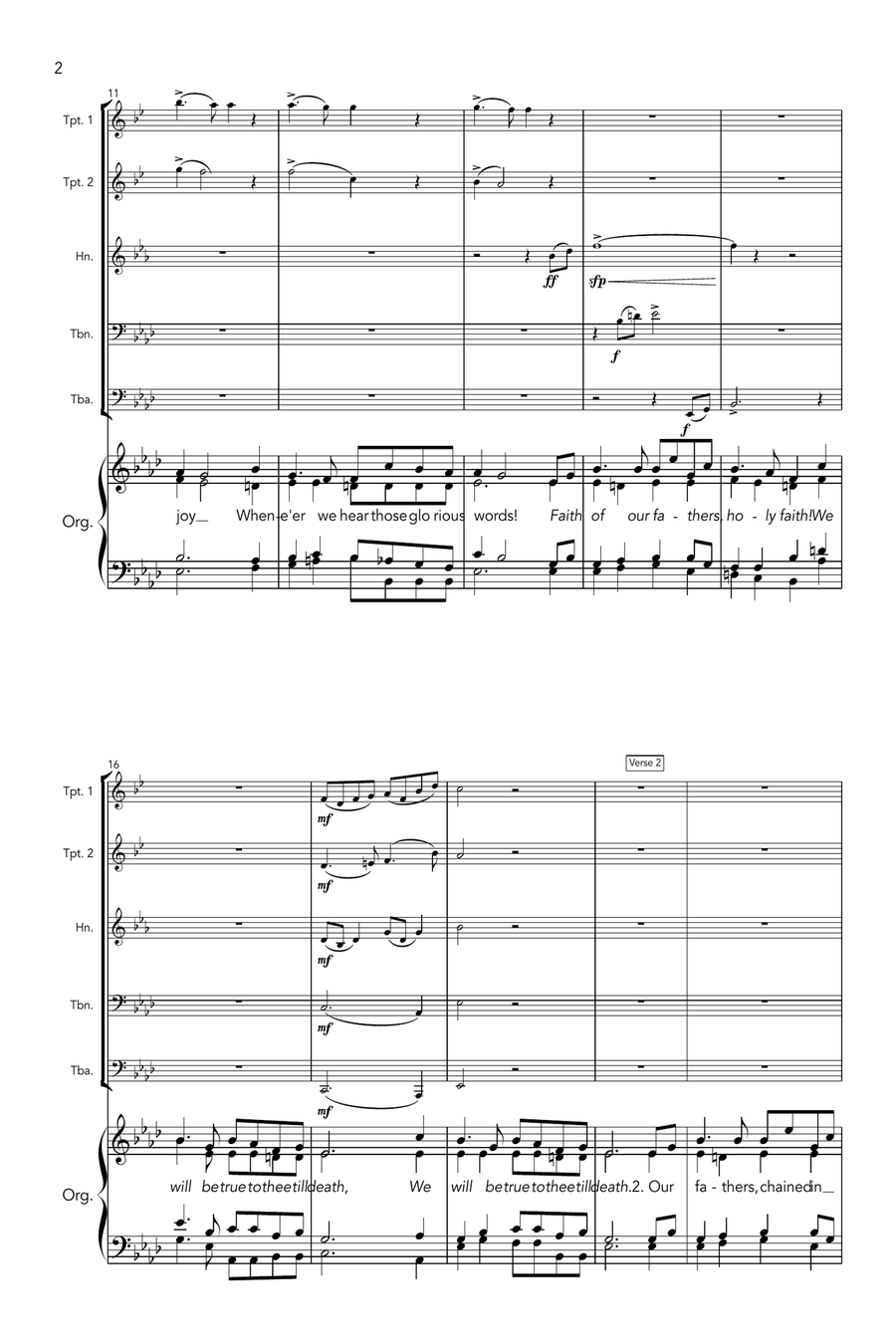 Faith of our fathers (Sawston) (brass quintet and organ, with last-verse harmony) Unison Choir scores gallery preview page 2