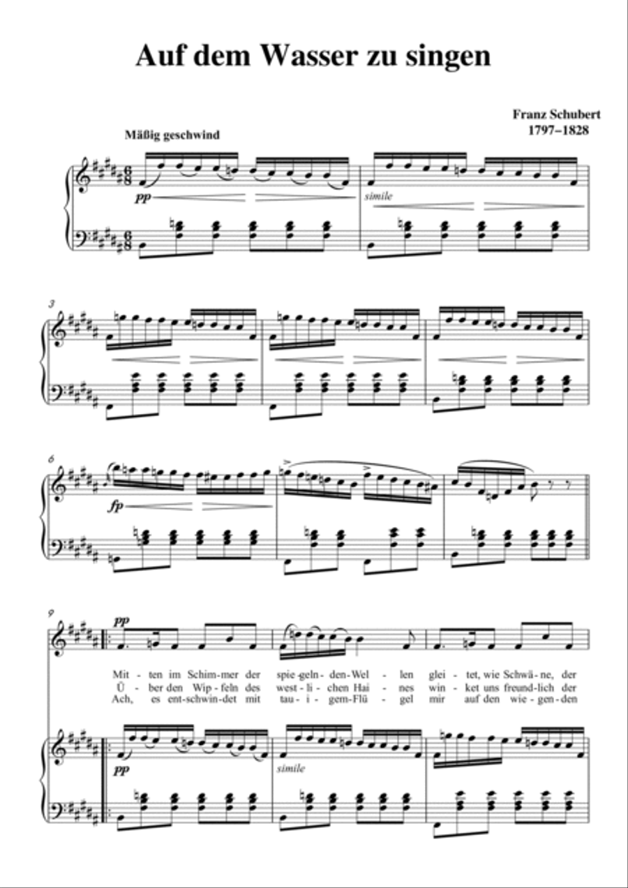 Schubert-Auf dem Wasser zu singen inB for Vocal and Piano Voice scores gallery preview page 2