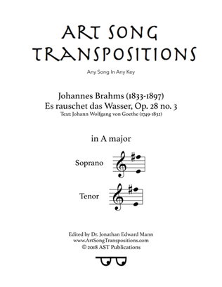 Book cover for BRAHMS: Es rauschet das Wasser, Op. 28 no. 3 (transposed to A major)