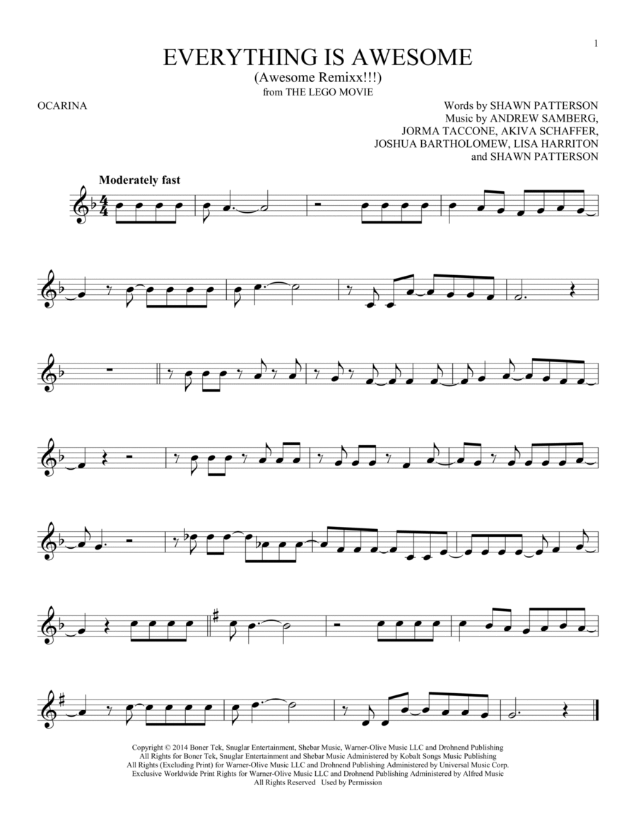 Everything Is Awesome (Awesome Remixx!!!) (from The Lego Movie) (feat. The Lonely Island) ocarina scores gallery preview page 1