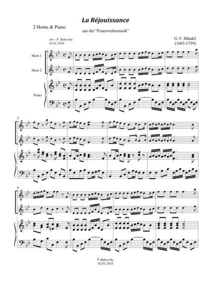 Händel: "La Réjouissance" from "Music for the Royal Fireworks" for 2 Horns in F and Piano or Organ image number null