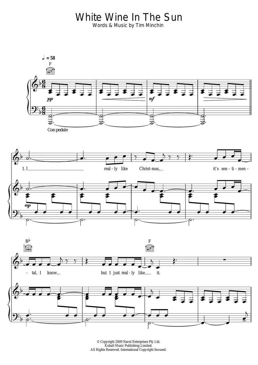 White Wine In The Sun Piano, Vocal scores gallery preview page 1