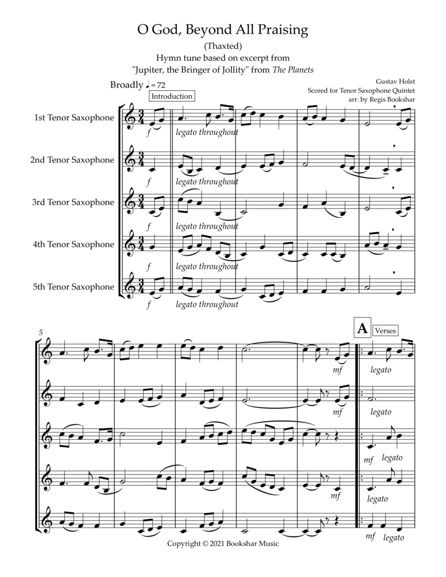 O God, Beyond All Praising (Thaxted) (Bb) (Tenor Saxophone Quintet) Saxophone Quintet scores gallery preview page 1