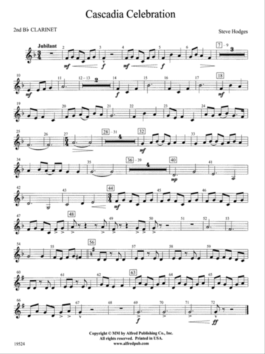 Cascadia Celebration: 2nd B-flat Clarinet Concert Band scores gallery preview page 1
