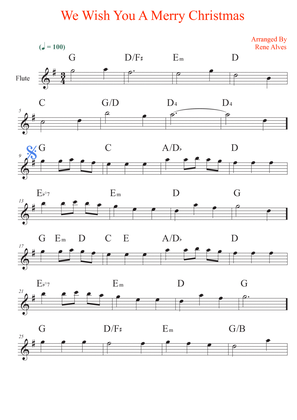 We Wish You A Merry Christmas, sheet music and flute melody for the beginning musician (easy).