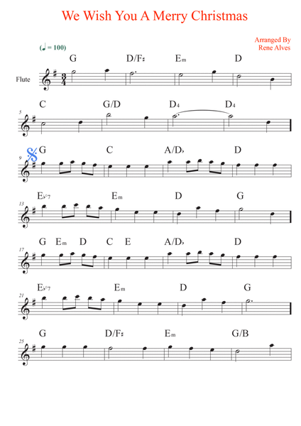 We Wish You A Merry Christmas, sheet music and flute melody for the beginning musician (easy). image number null