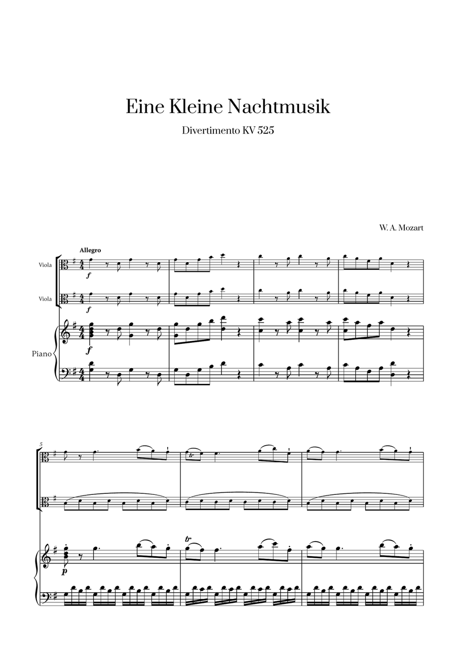 W. A. Mozart - Eine Kleine Nachtmusik (for Viola Duet and Piano) String Duet scores gallery preview page 1