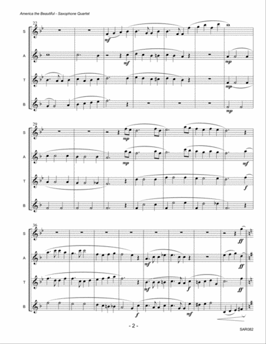AMERICA THE BEAUTIFUL arranged for SAXOPHONE QUARTET (SATB or AATB) Saxophone Quartet scores gallery preview page 2
