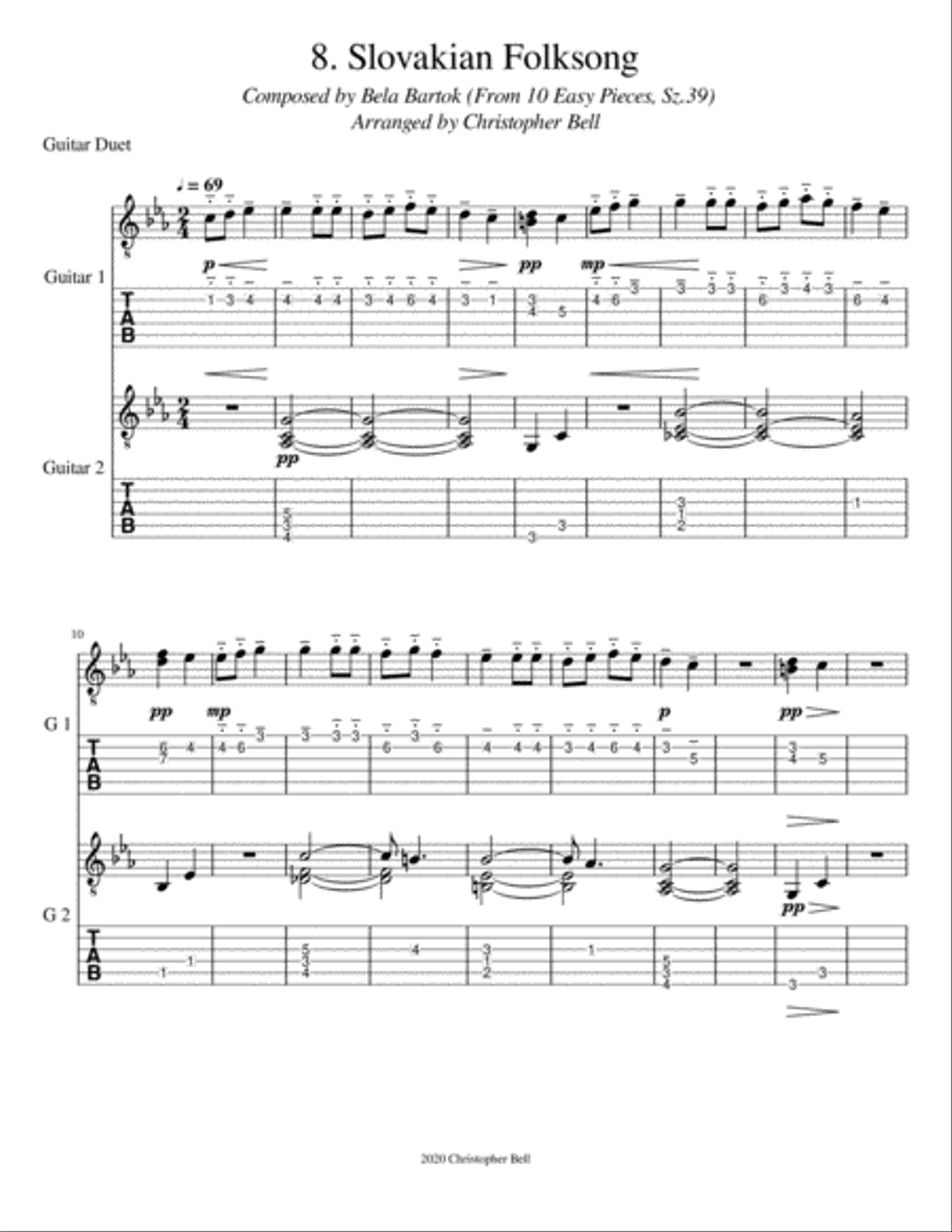 Bela Bartok - Slovakian Folk Song - Guitar Duet Classical Guitar scores gallery preview page 1