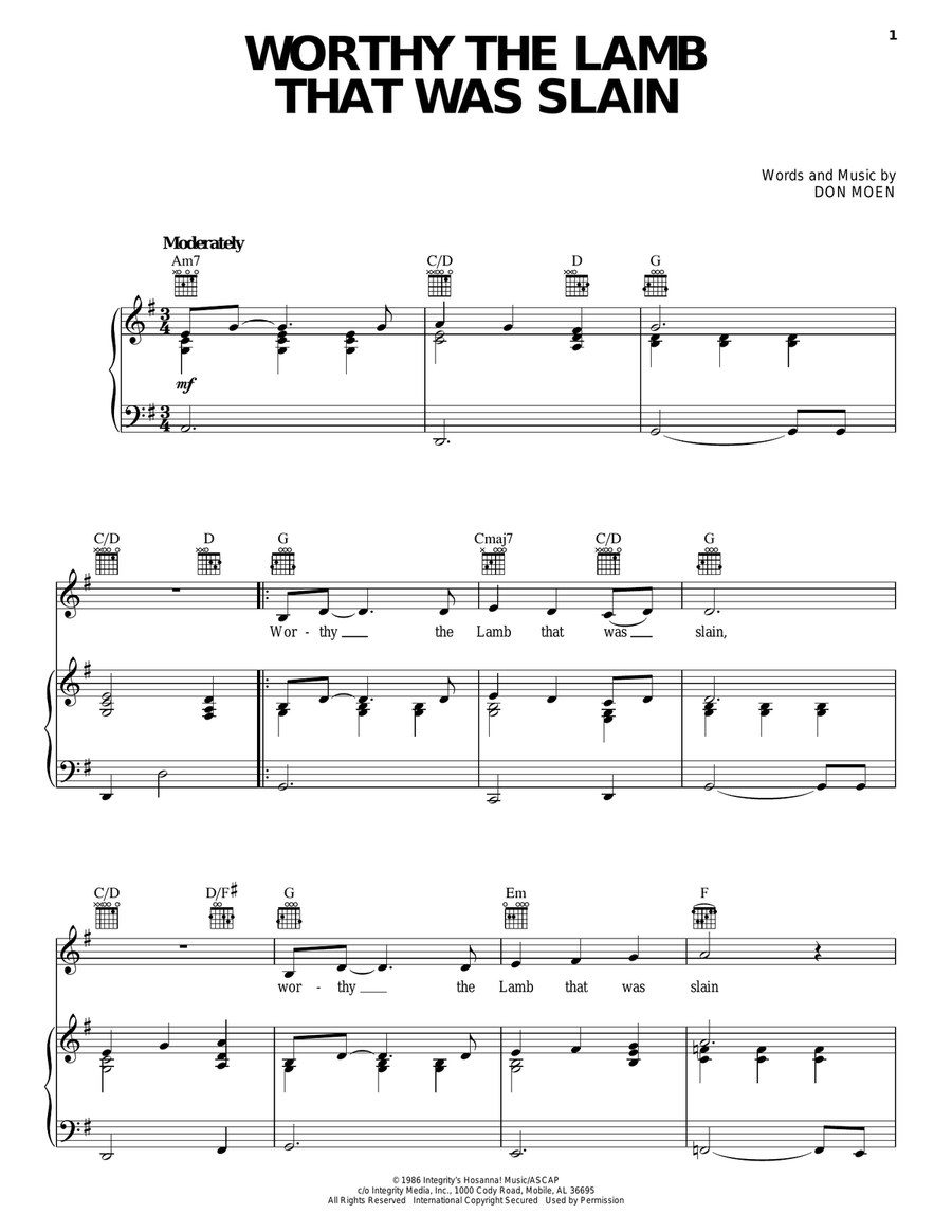 Worthy The Lamb That Was Slain Piano, Vocal, Guitar scores gallery preview page 1