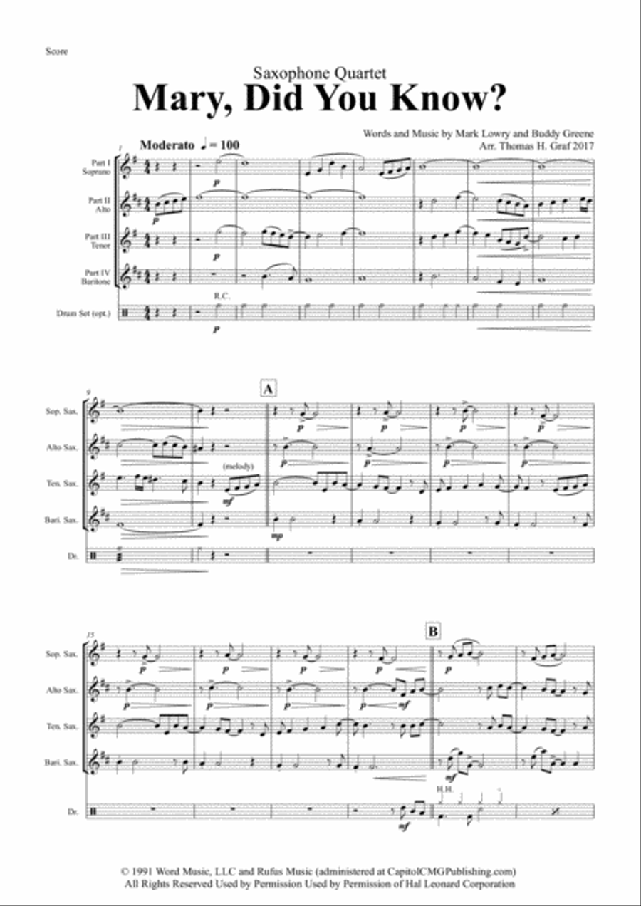 Mary, Did You Know? Saxophone Quartet scores gallery preview page 1