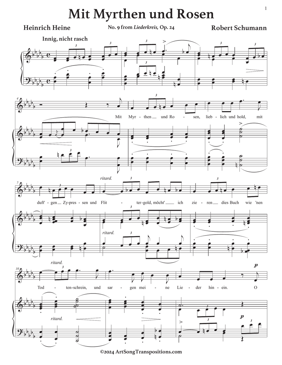 SCHUMANN: Mit Myrthen und Rosen, Op. 24 no. 9 (transposed to D-flat major) Piano, Vocal scores gallery preview page 2
