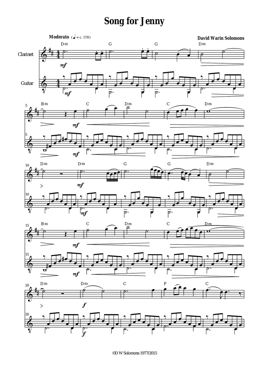 Song for Jenny for clarinet and guitar Clarinet scores gallery preview page 1