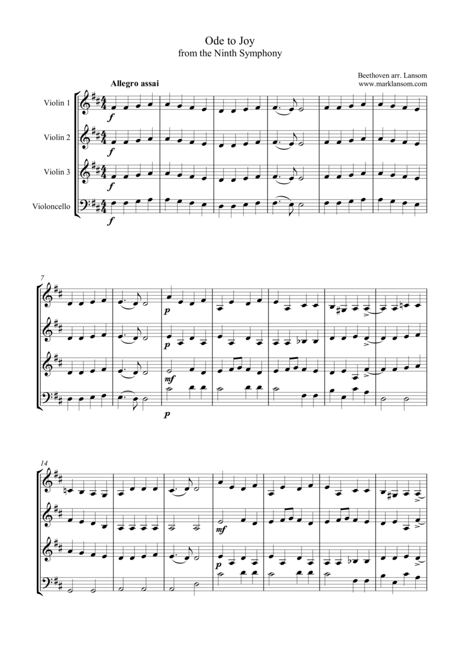 Ode to Joy for junior string quartet String Quartet scores gallery preview page 1