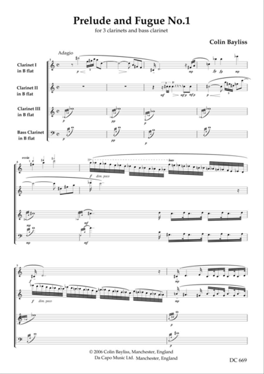 Prelude and Fugue No,1 - for clarinet quartet Clarinet Quartet scores gallery preview page 1