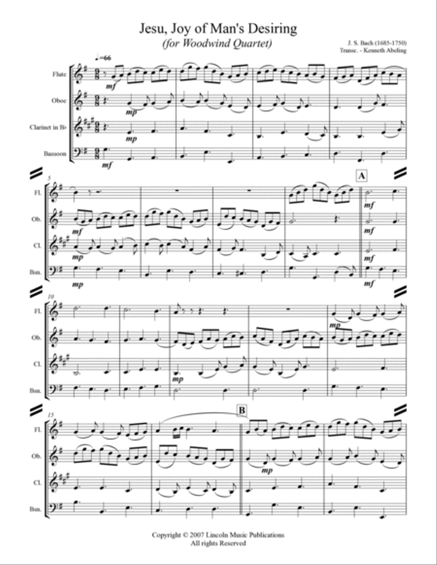 Bach - Jesu, Joy of Man’s Desiring (for Woodwind Quartet) Woodwind Quartet scores gallery preview page 2