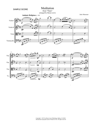 MEDITATION from Thais, String Quartet, Intermediate Level for 2 violins, viola and cello