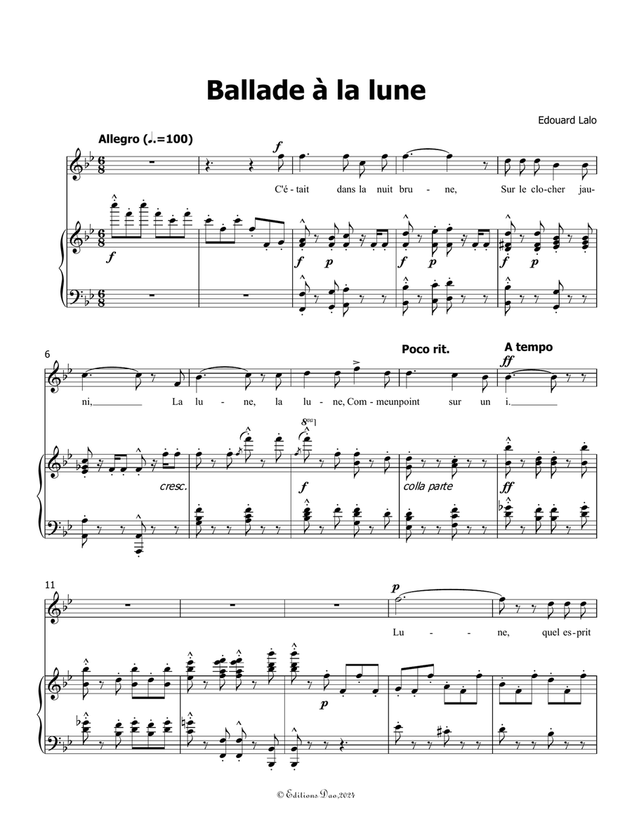 Ballade à la lune, by Edouard Lalo, in B flat Major Piano, Vocal scores gallery preview page 3