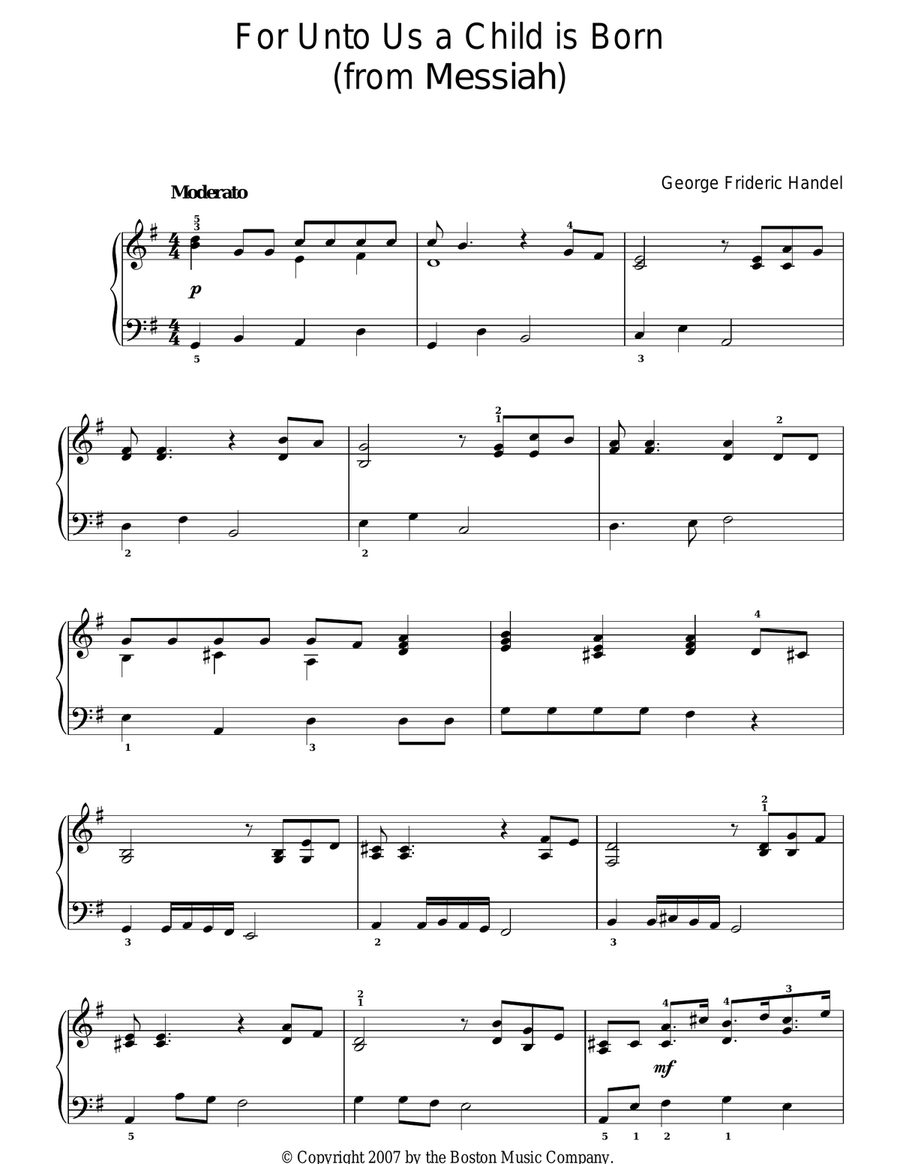 For Unto Us A Child Is Born (from Messiah) Easy Piano scores gallery preview page 1