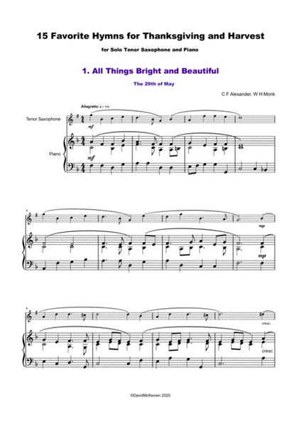 15 Favourite Hymns for Thanksgiving and Harvest for Tenor Saxophone and Piano