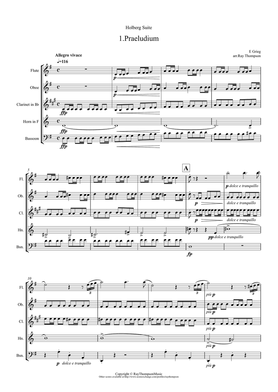 Grieg: Holberg Suite Op.40 - wind quintet Woodwind Quintet scores gallery preview page 1