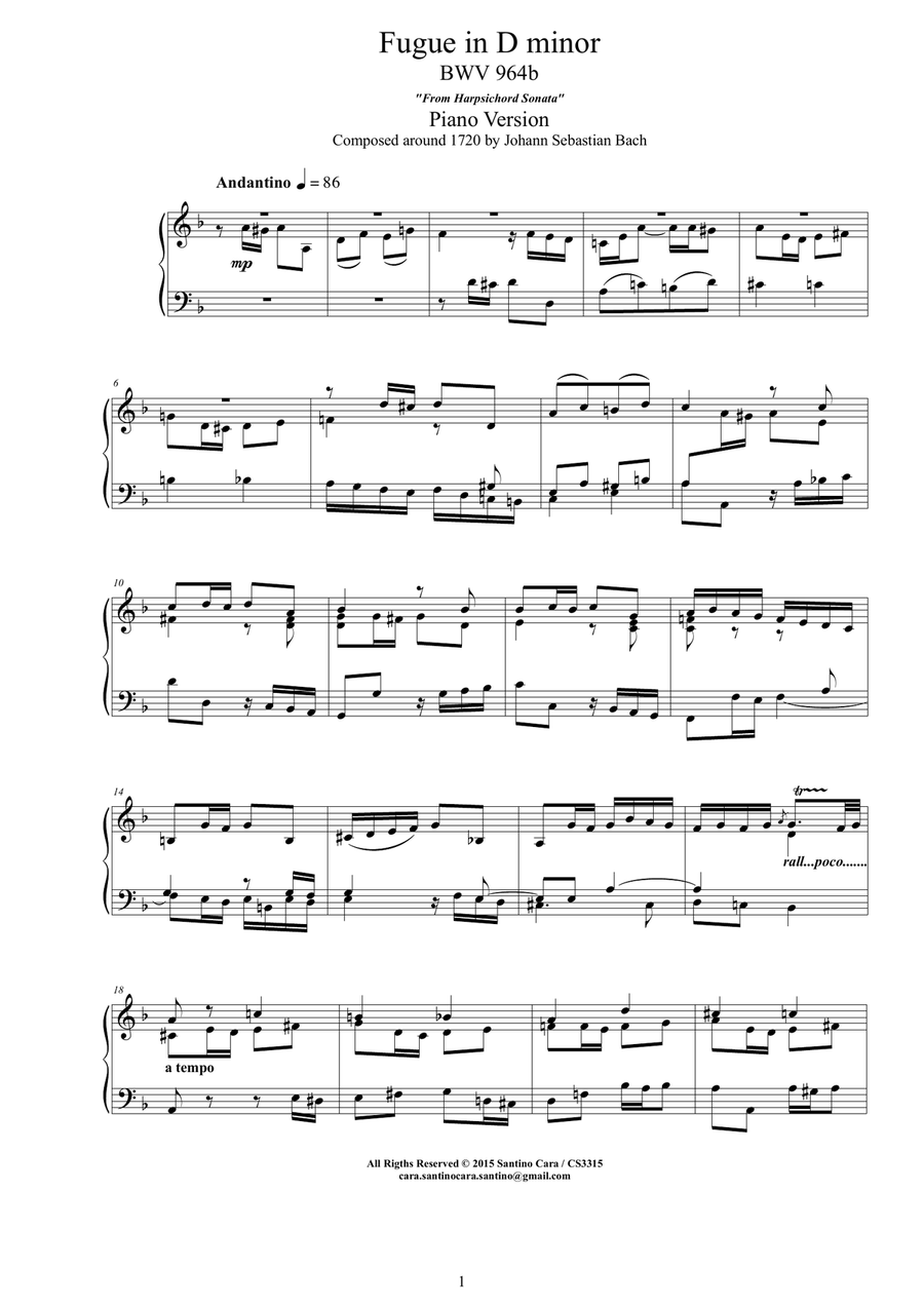 Bach - Fugue in D minor BWV 964b - Piano version
