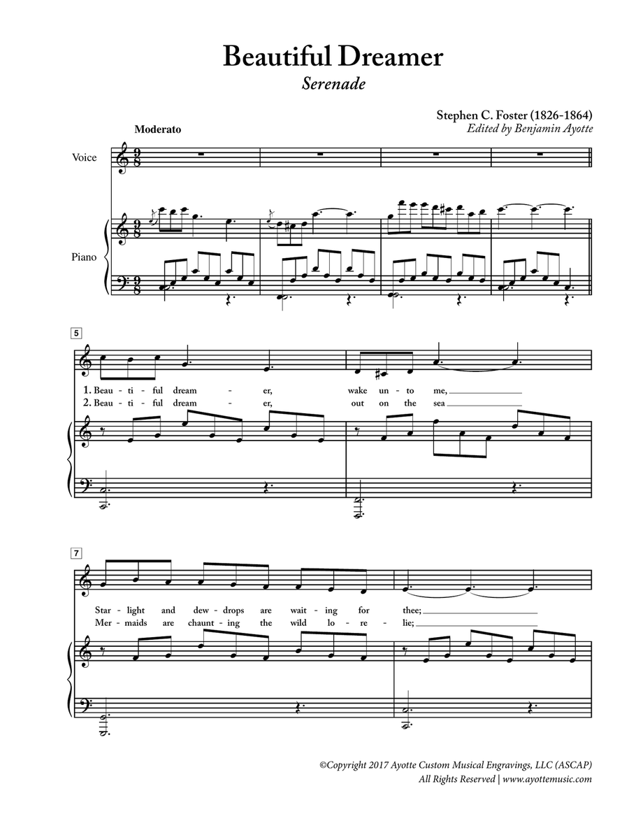 Stephen Foster - Beautiful Dreamer - Low Voice in C Piano, Vocal scores gallery preview page 1
