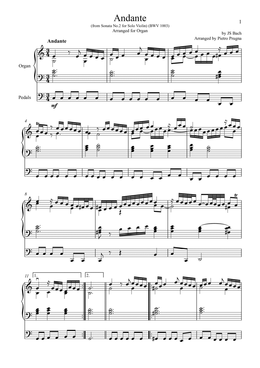 Andante in C major (BWV 1003) (from Sonata No. 2 for Solo Violin) - arranged for Organ Violin Solo scores gallery preview page 1