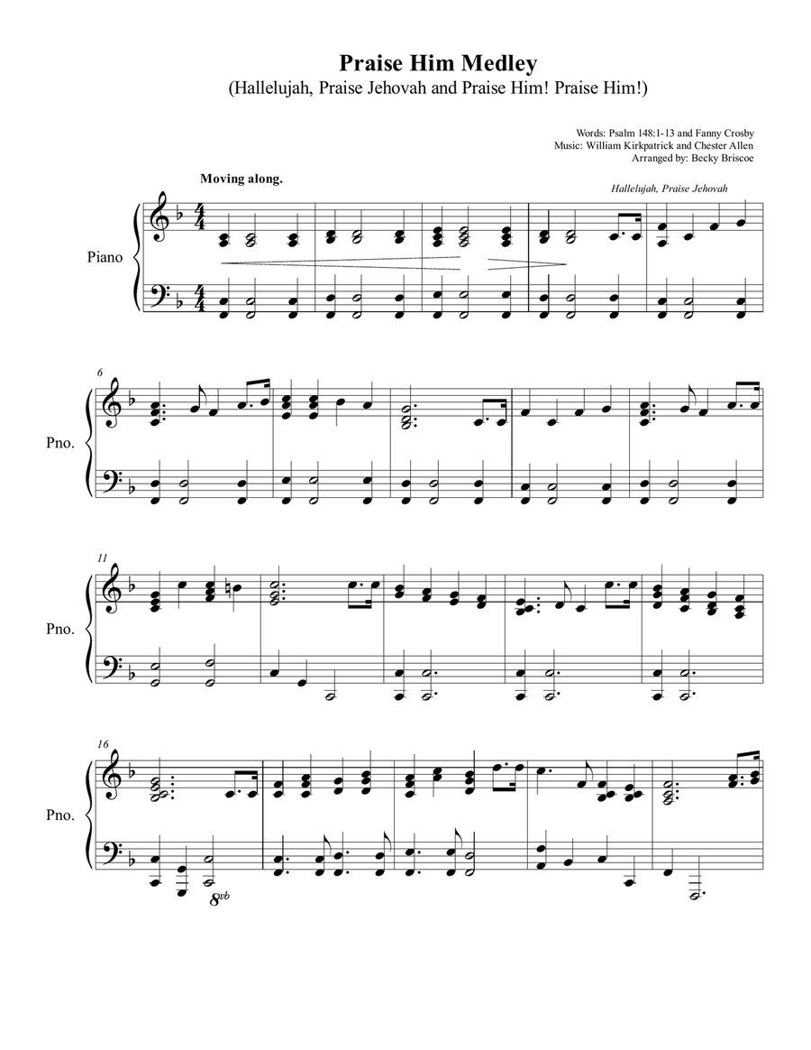 Praise Him Medley (Hallelujah, Praise Jehovah and Praise Him! Praise Him!) Piano Solo scores gallery preview page 1